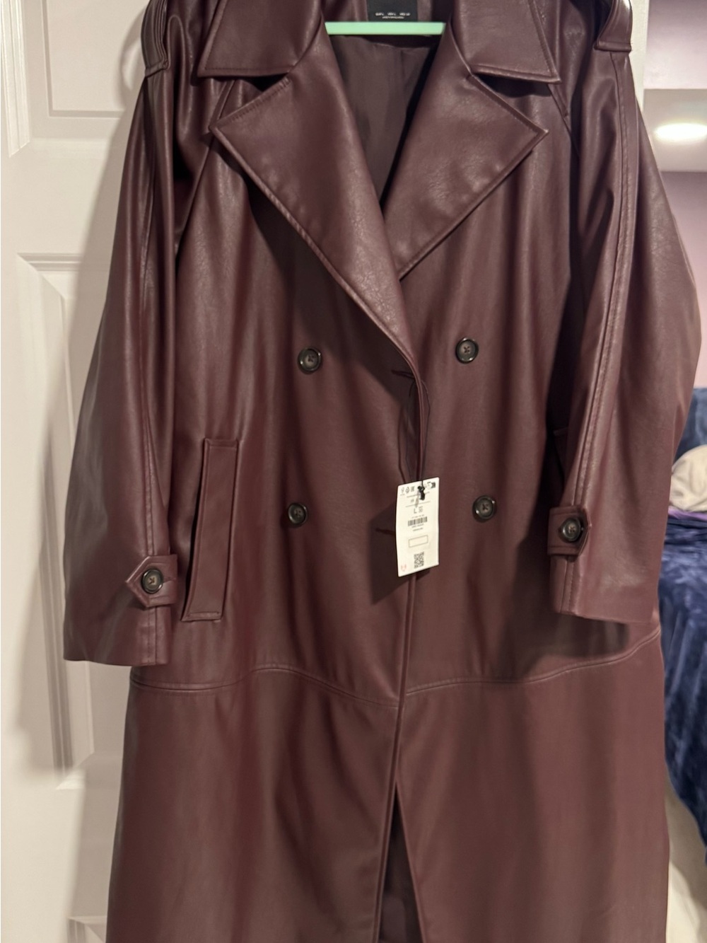 BERSHKA Double-Breasted Faux Leather Trench Coat - Deep Burgundy